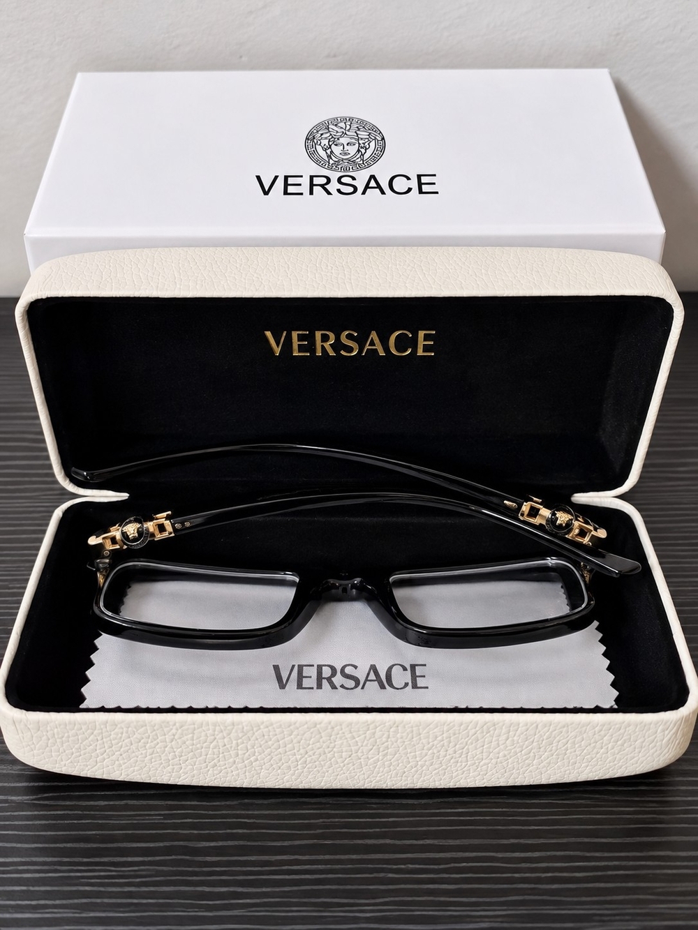 Versace Men's Black Rectangular Glasses with Gold Hardware